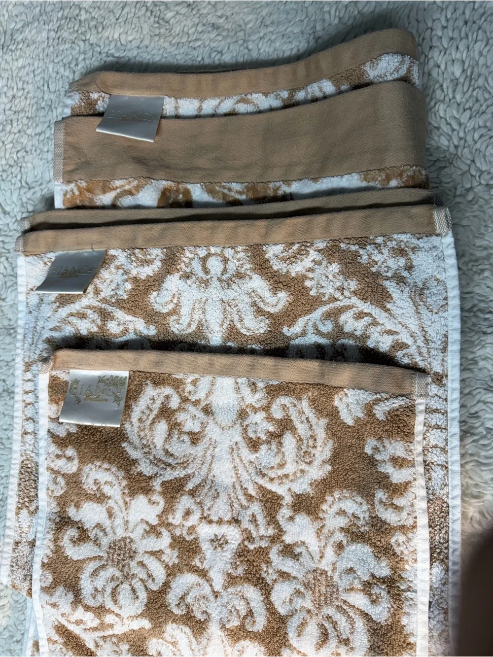 Bianca Exclusive 100% Cotton 3 piece Damask Pattern Towel Set in Beige and White